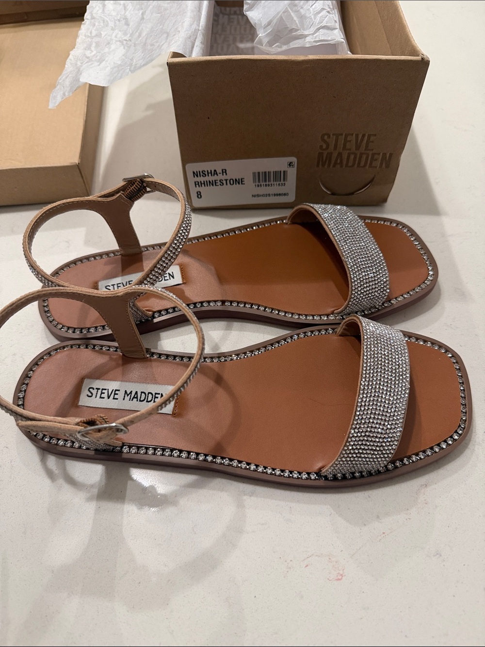 Steve Madden Tan & Silver Rhinestone Ankle-Strap Sandals